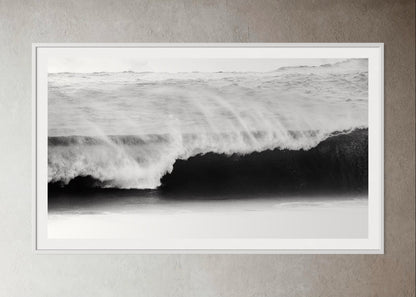 White box-framed Black and white photo of a wave crashing in the ocean by Francoise V Fine Art Gallery in Cape Town, South Africa